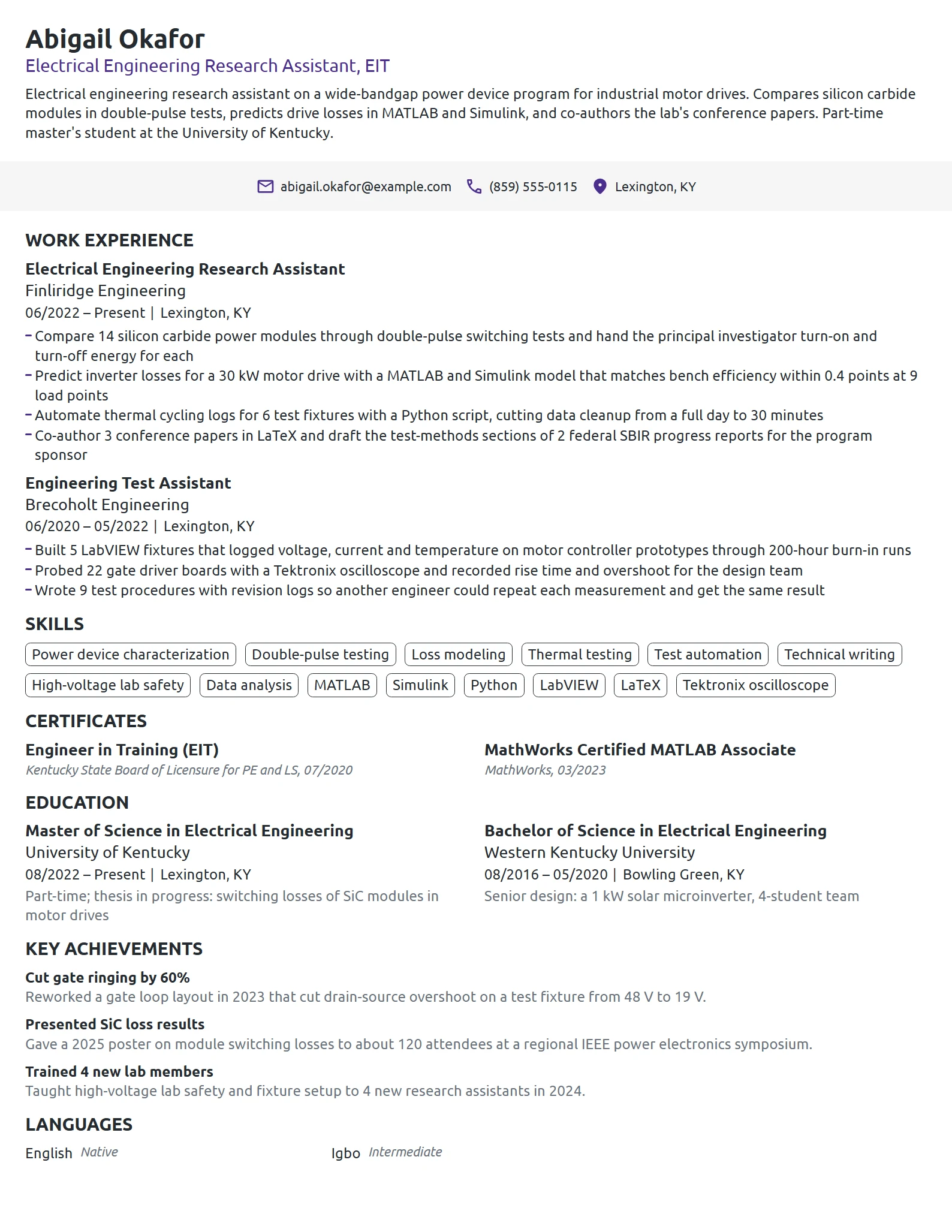 Electrical Engineering Research Assistant resume example