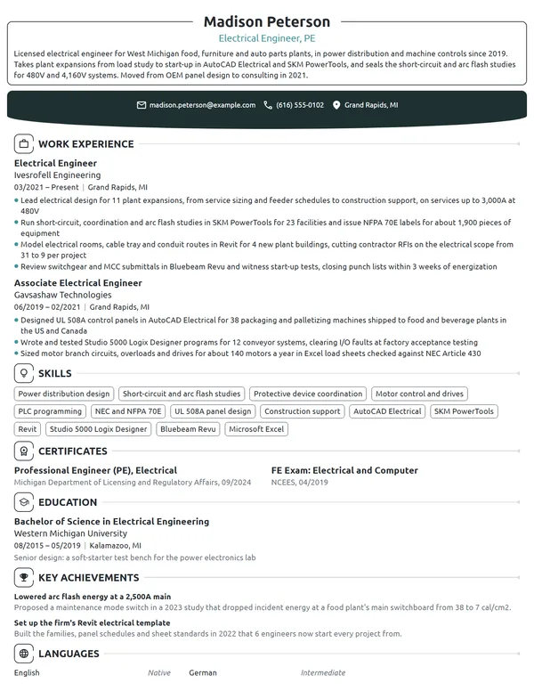 Electrical Engineering resume example