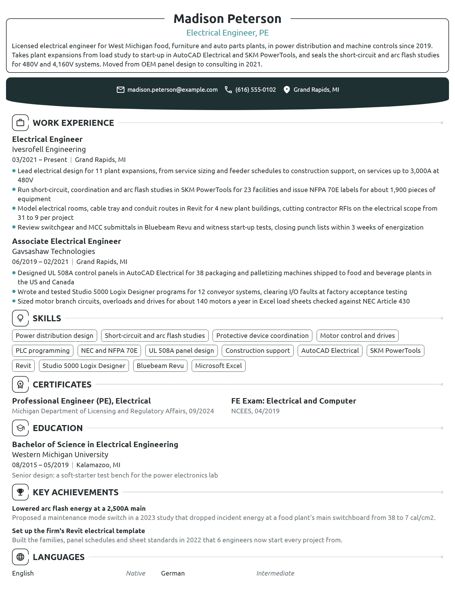 Electrical Engineering resume example