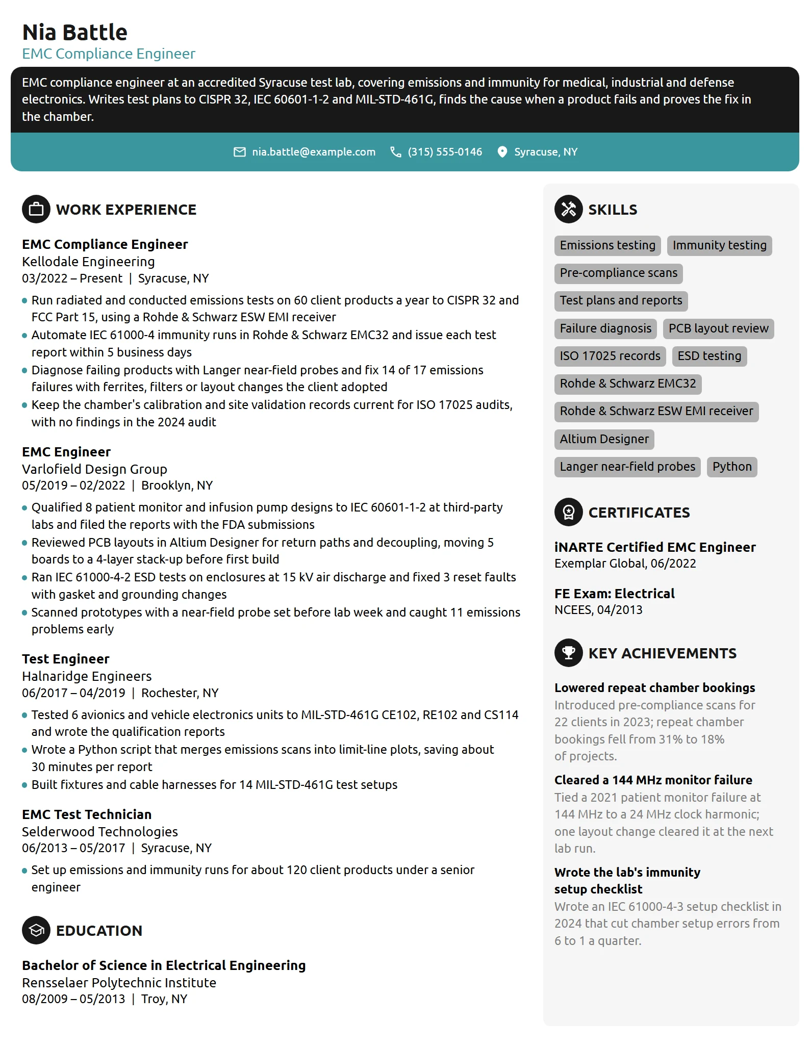 EMC Compliance Engineer resume example