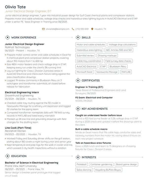 Junior Electrical Design Engineer resume example