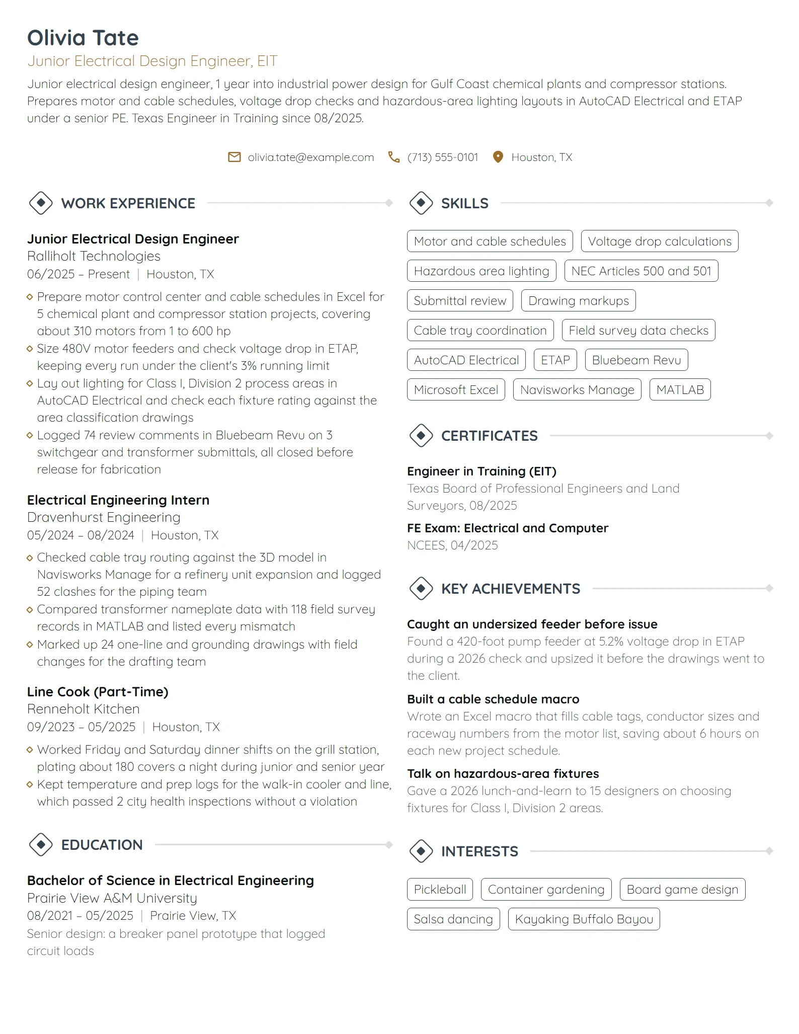 Junior Electrical Design Engineer resume example