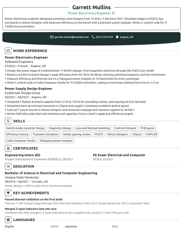 Power Electronics Engineer resume example