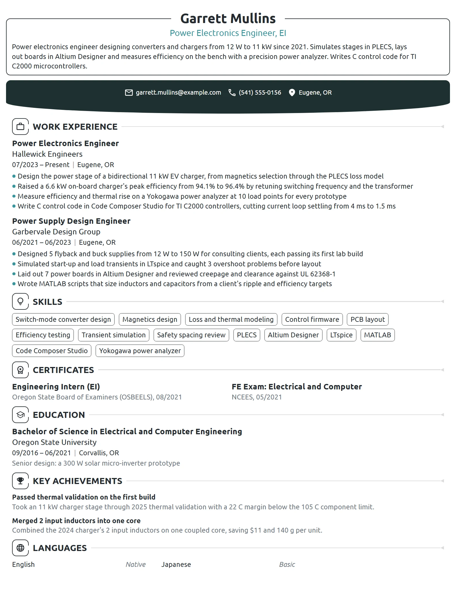 Power Electronics Engineer resume example