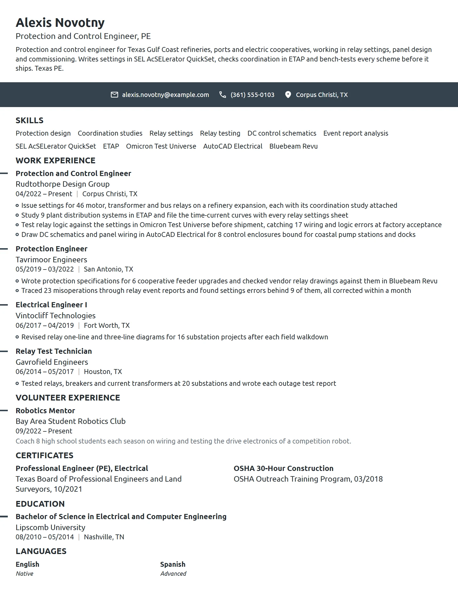 Protection and Control Engineer resume example