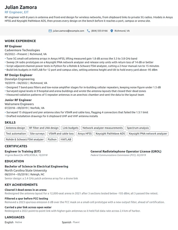 RF Engineer resume example