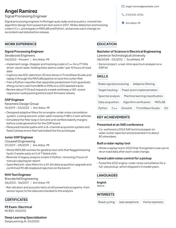 Signal Processing Engineer resume example