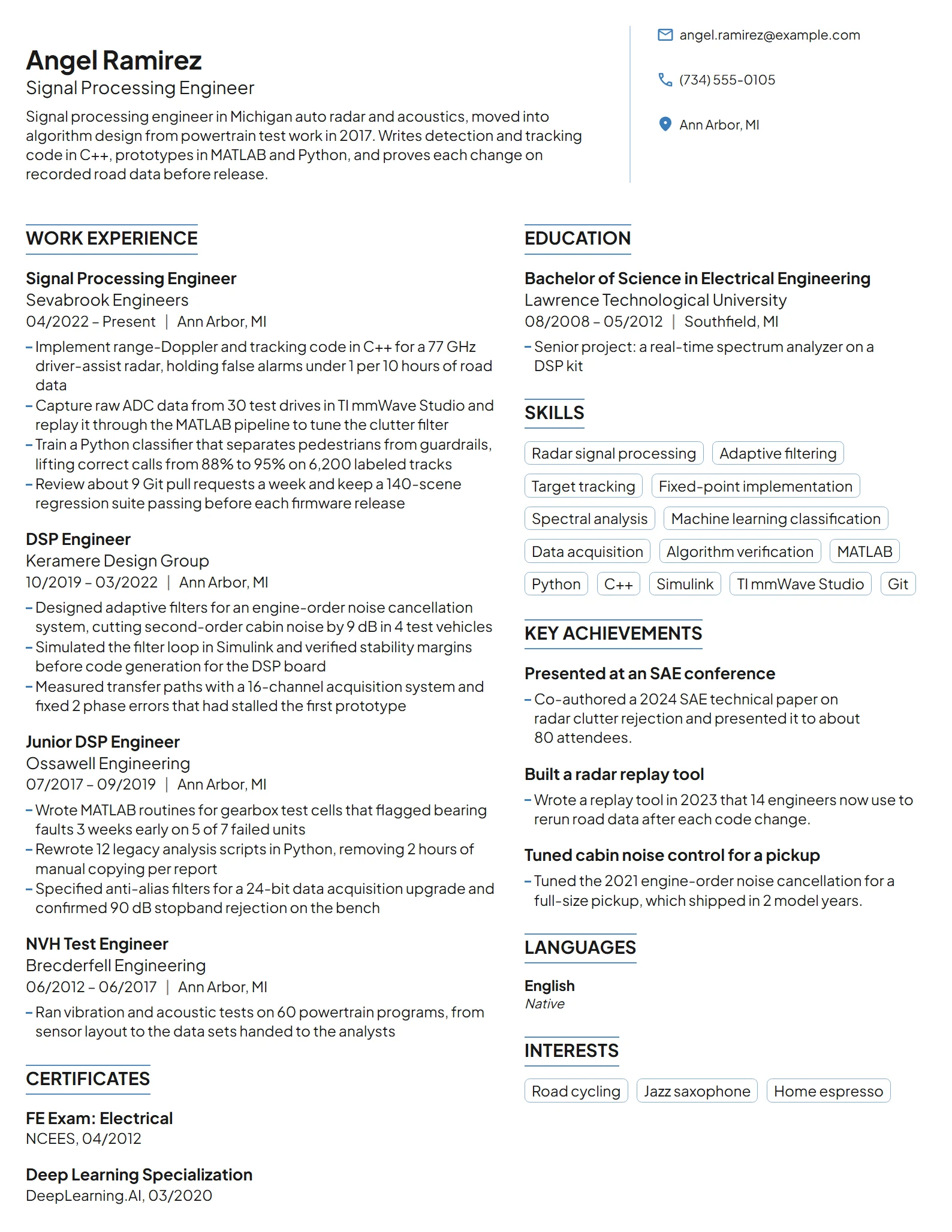 Signal Processing Engineer resume example