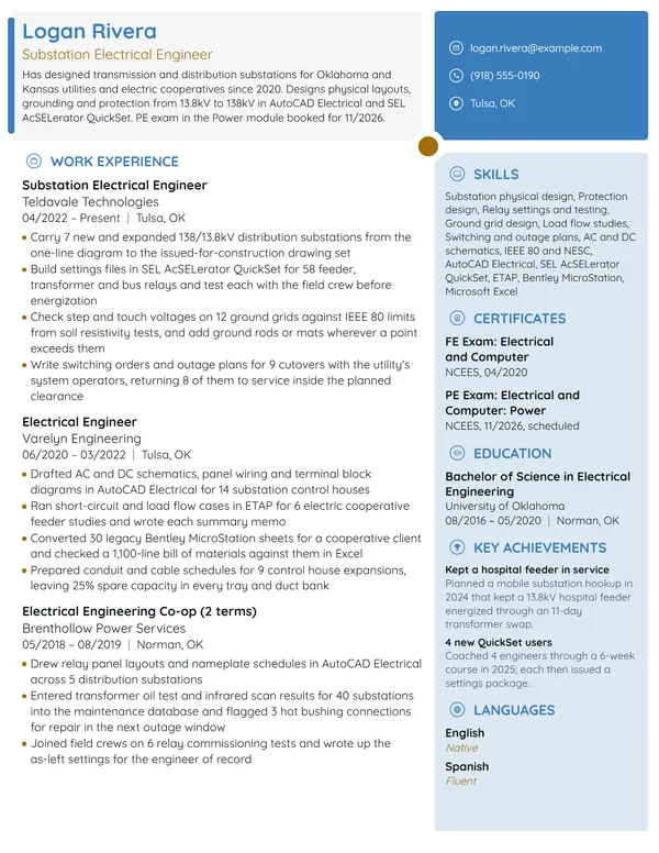 Substation Electrical Engineer resume example
