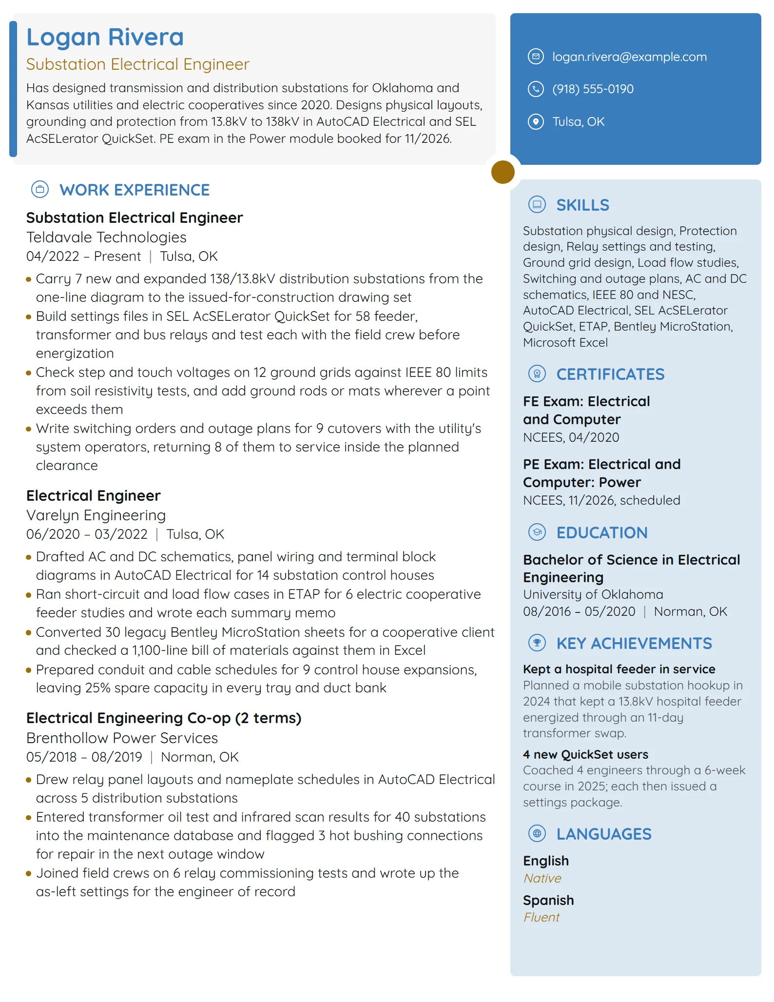 Substation Electrical Engineer resume example