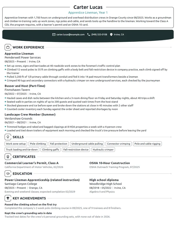 Apprentice Lineman resume example