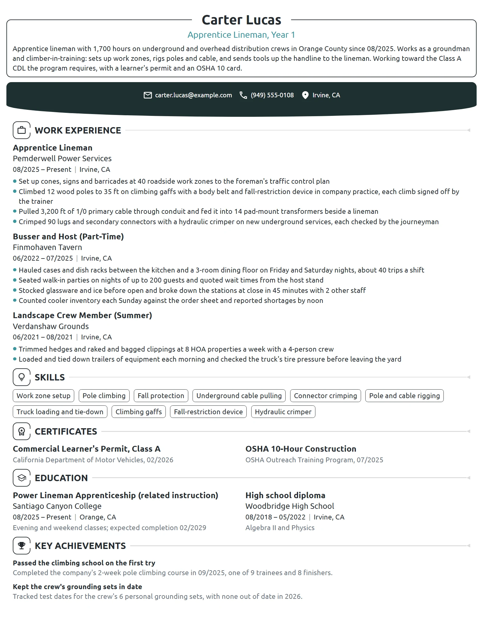 Apprentice Lineman resume example