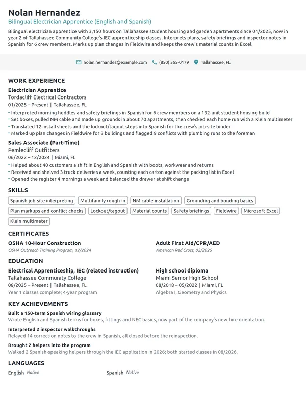 Bilingual Electrician Apprentice resume example