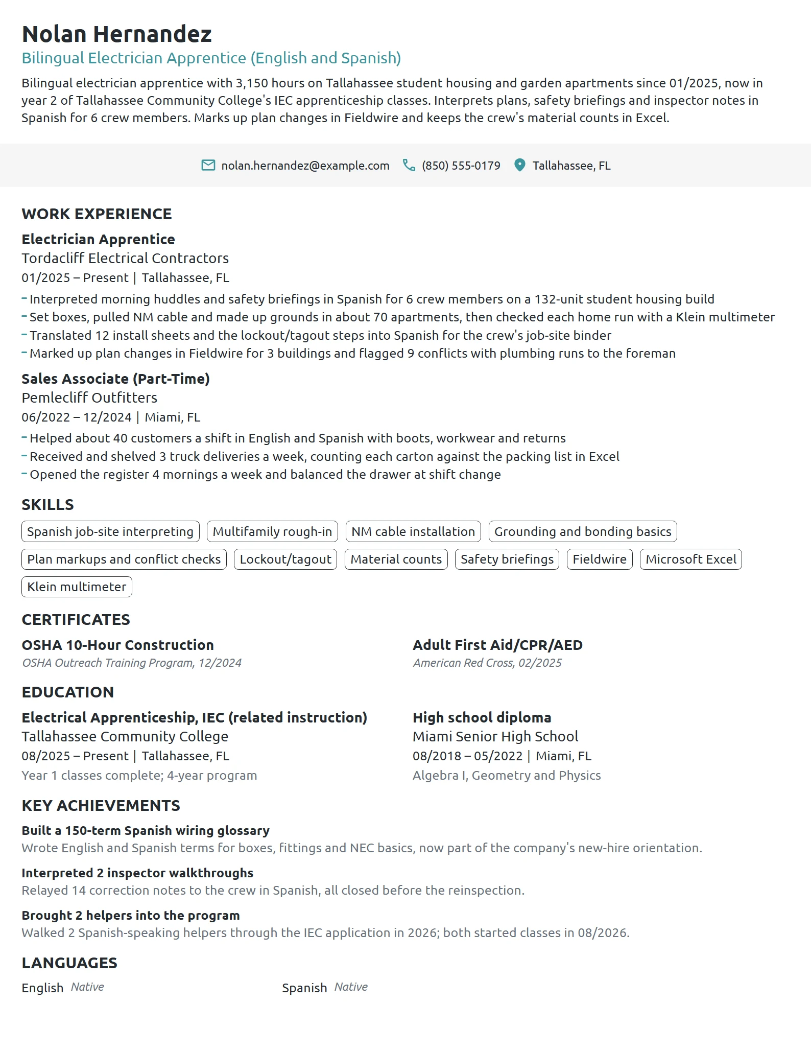 Bilingual Electrician Apprentice resume example