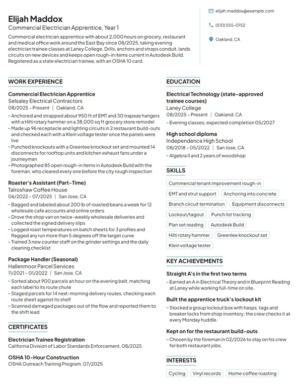 Commercial Electrician Apprentice resume example