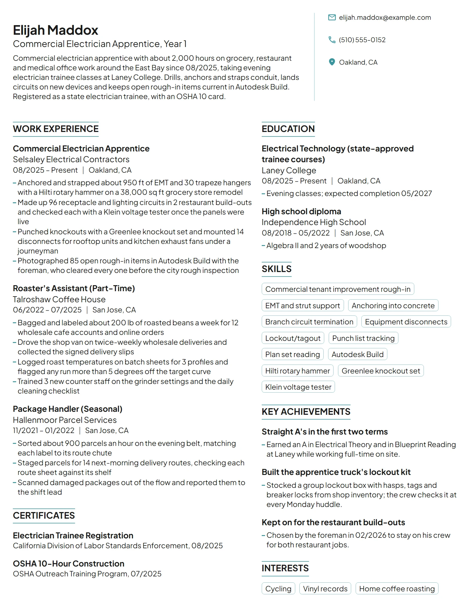 Commercial Electrician Apprentice resume example