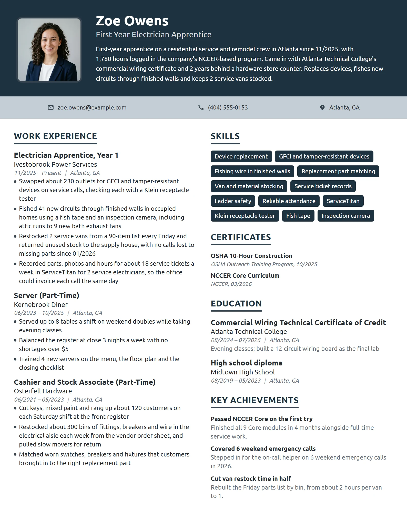 First-Year Electrician Apprentice resume example