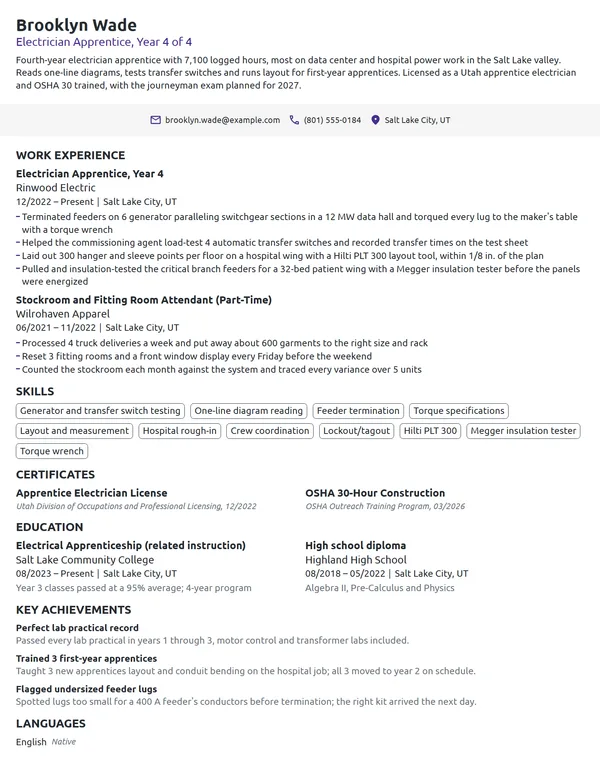 Fourth-Year Electrician Apprentice resume example