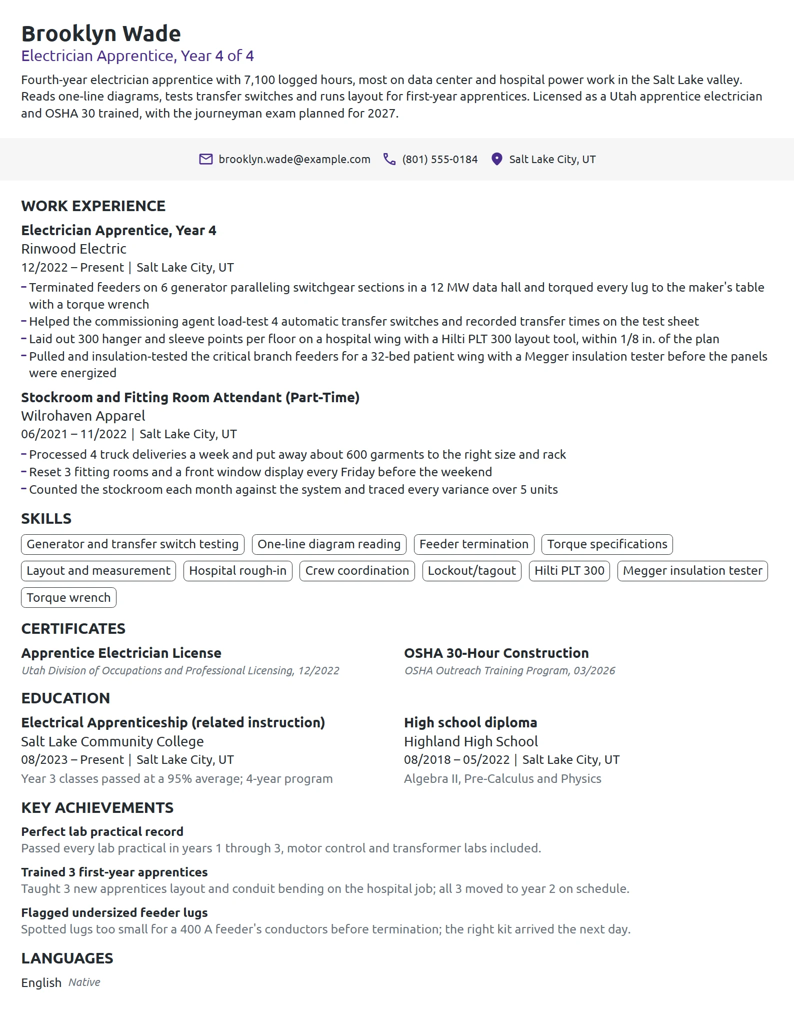 Fourth-Year Electrician Apprentice resume example
