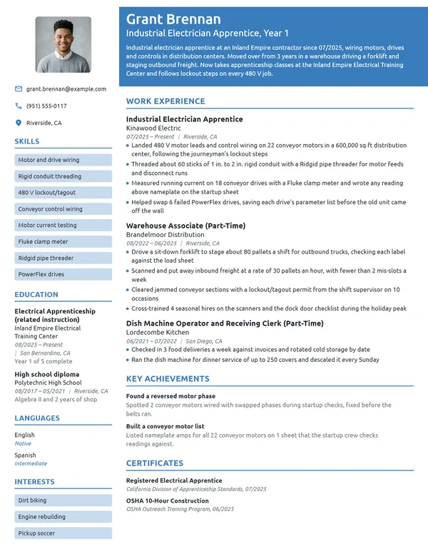 Industrial Electrician Apprentice resume example