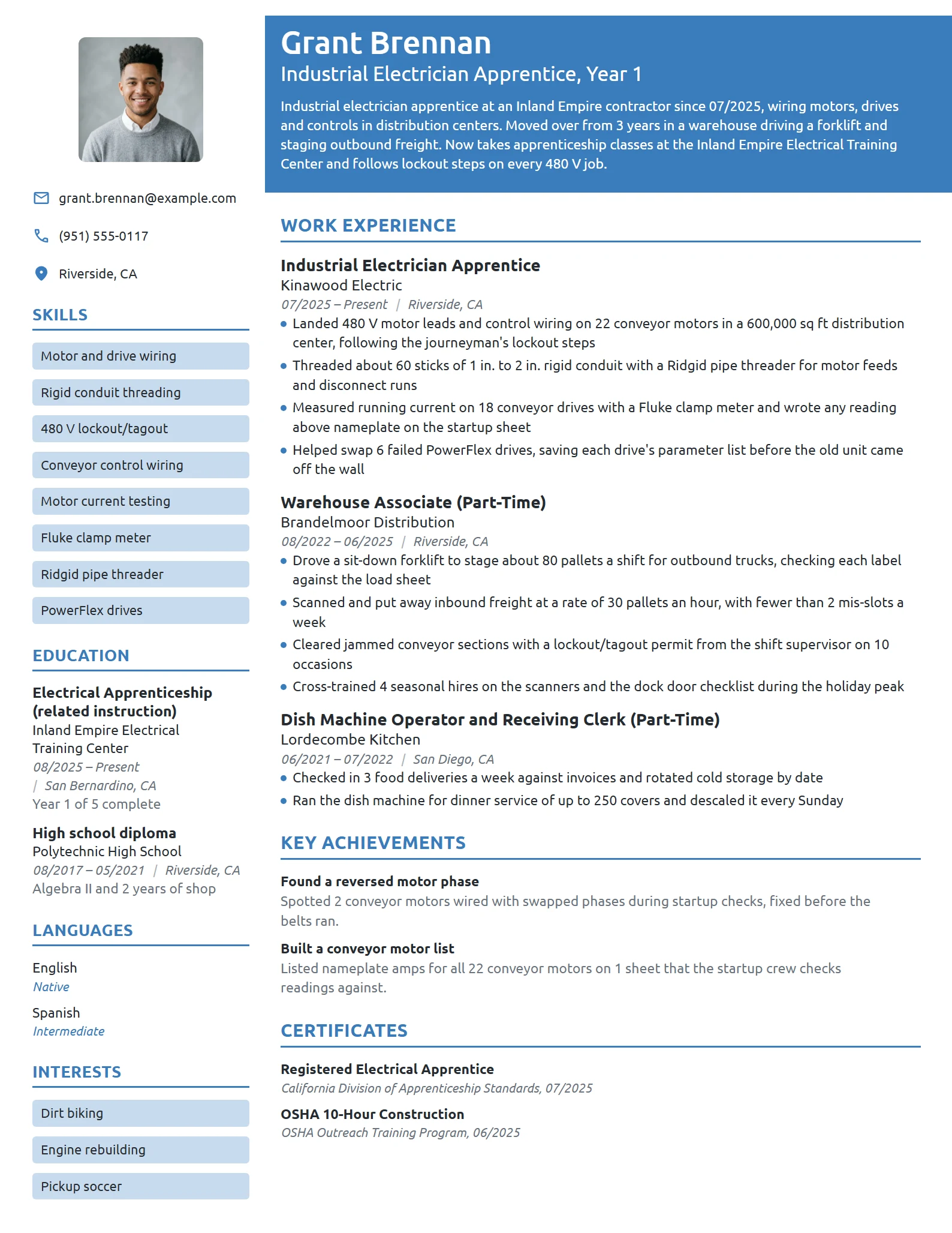 Industrial Electrician Apprentice resume example