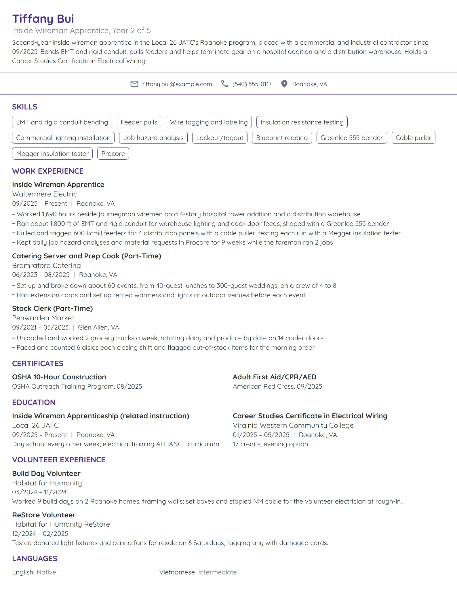 Inside Wireman Apprentice resume example