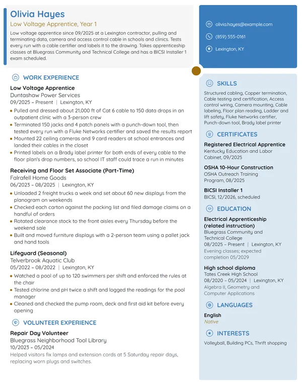 Low Voltage Apprentice resume example