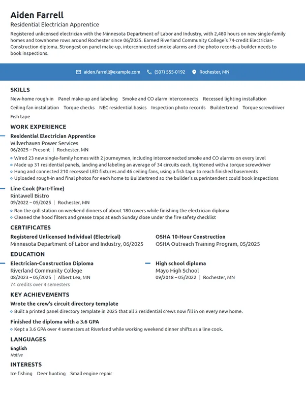 Residential Electrician Apprentice resume example