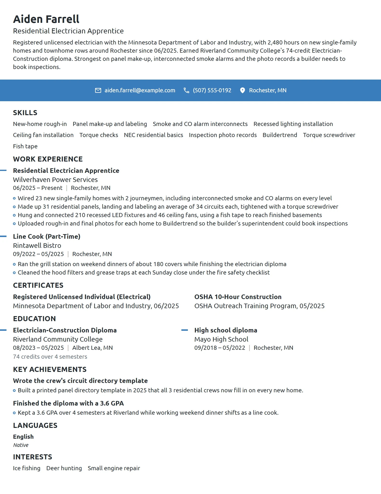 Residential Electrician Apprentice resume example