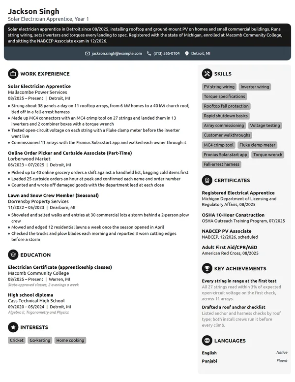 Solar Electrician Apprentice resume example