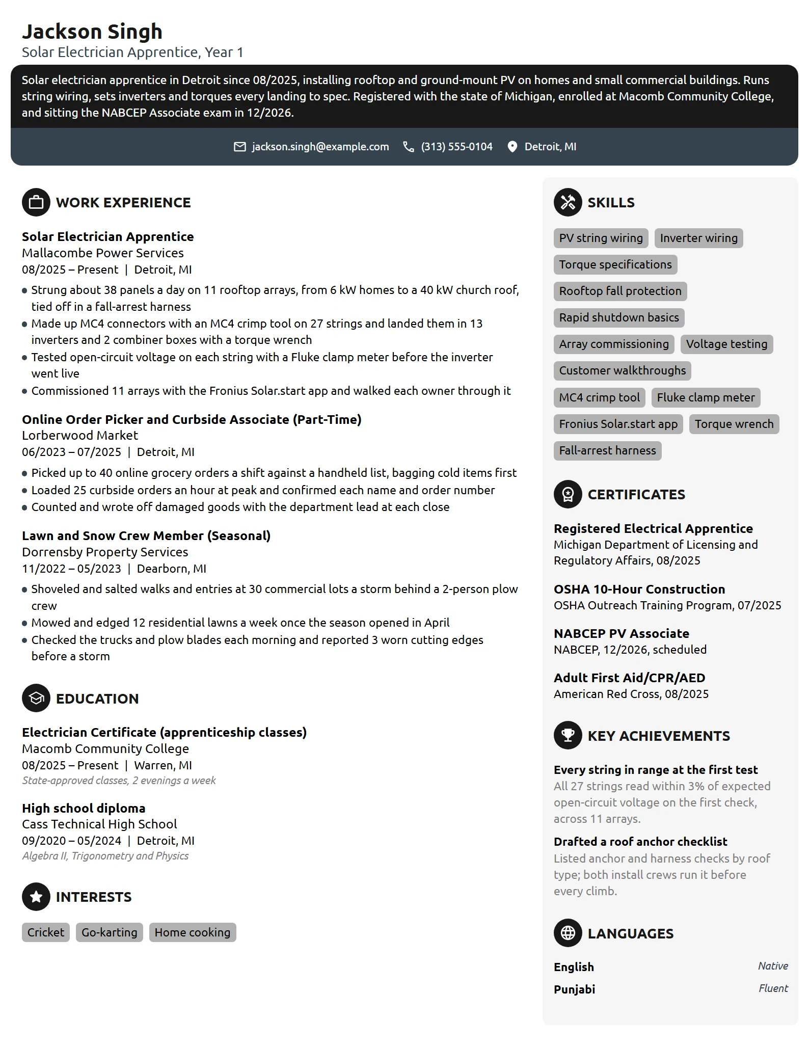 Solar Electrician Apprentice resume example