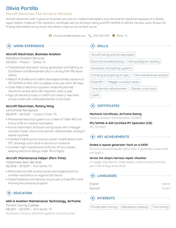 Aircraft Electrician resume example