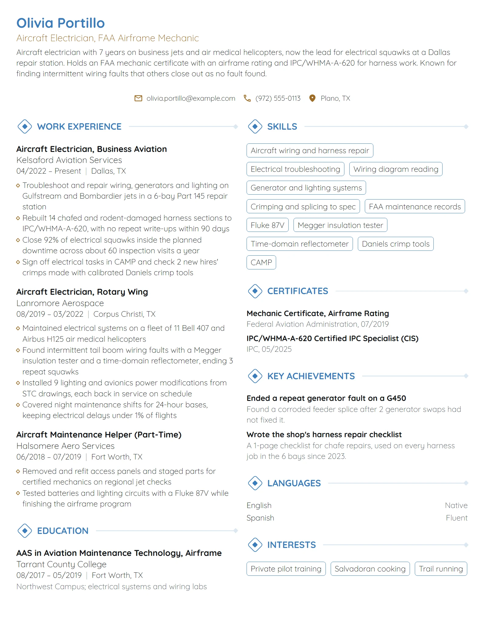Aircraft Electrician resume example