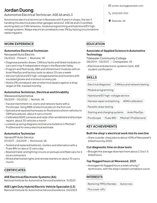 Automotive Electrical Technician resume example