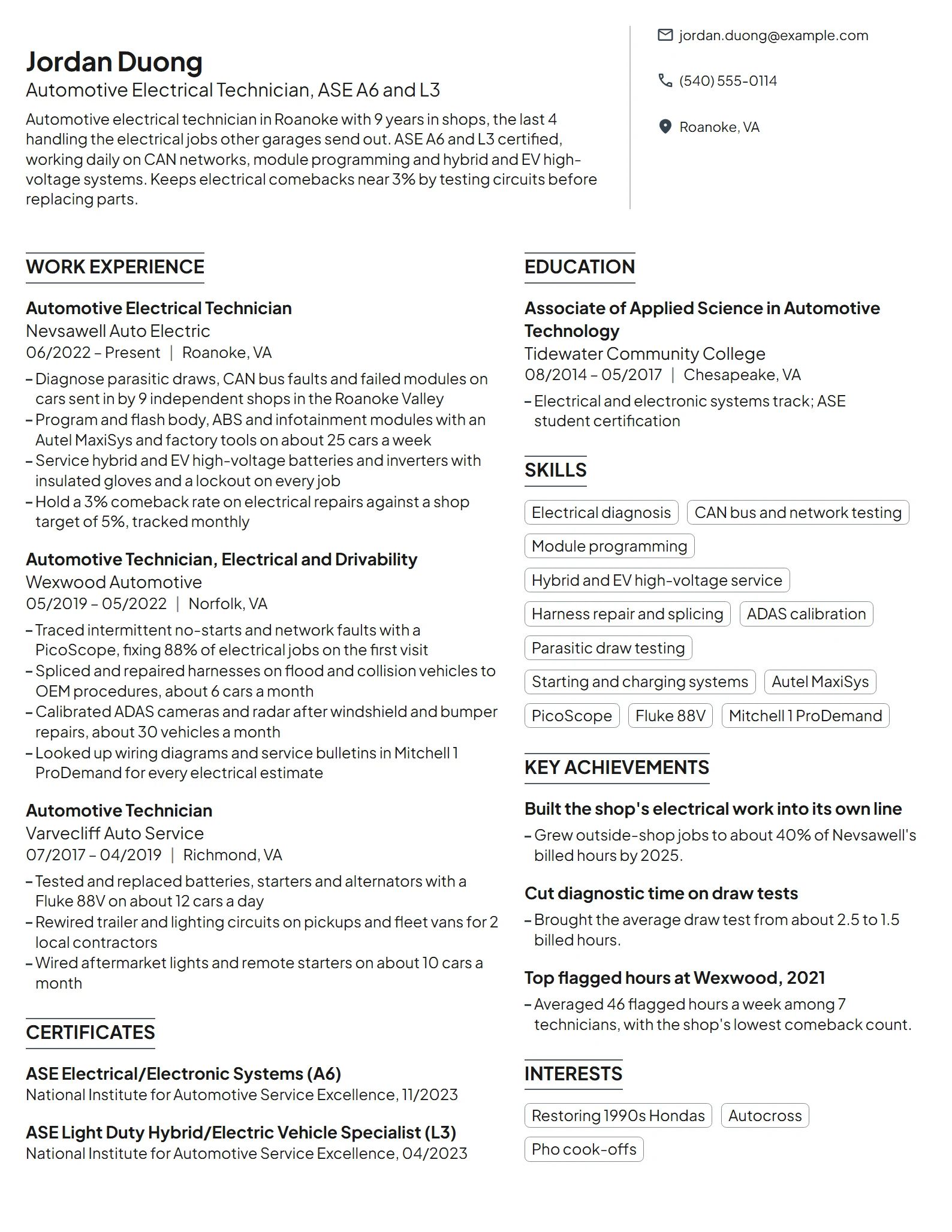 Automotive Electrical Technician resume example