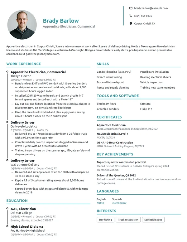 Career Change Electrician resume example