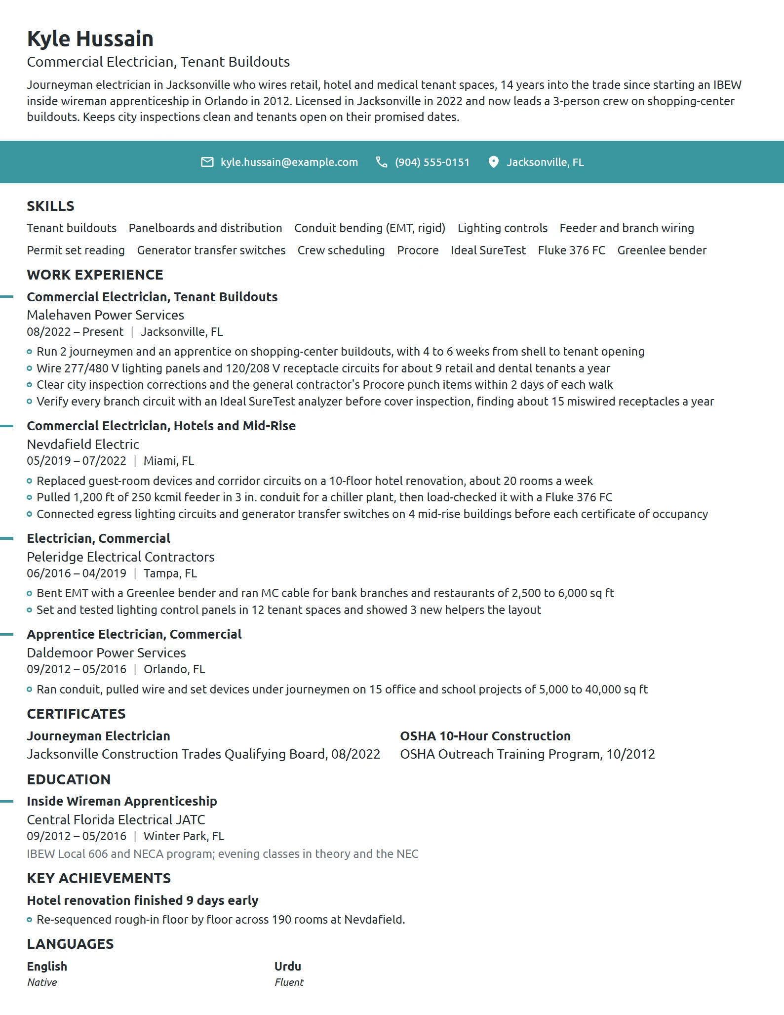 Commercial Electrician resume example