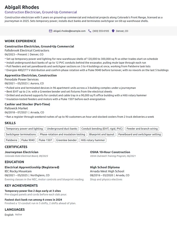 Construction Electrician resume example