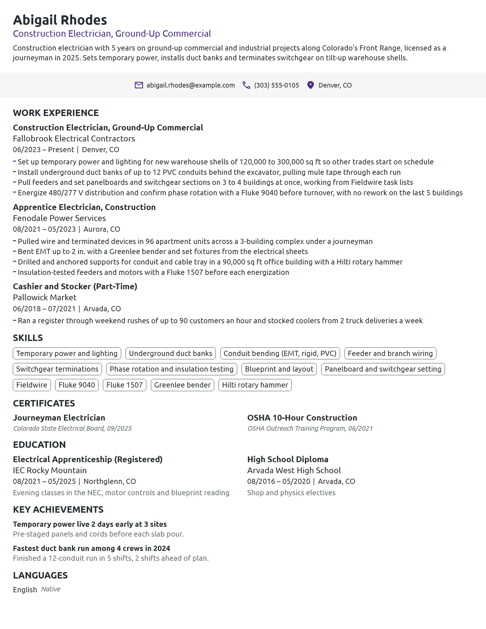 Construction Electrician resume example