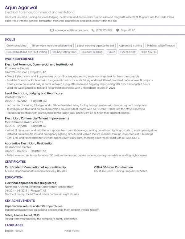 Electrical Foreman resume example