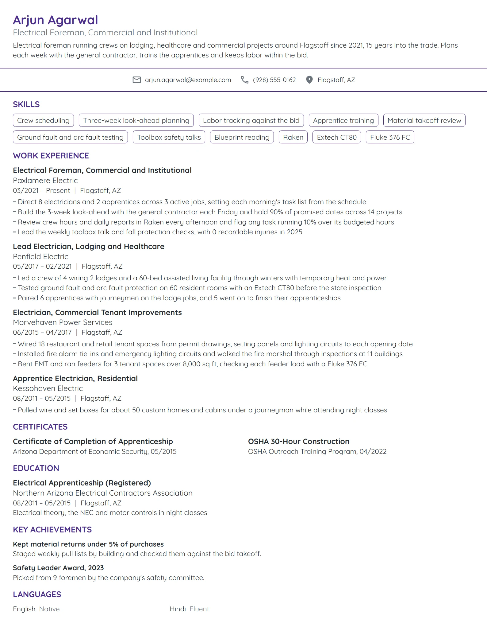 Electrical Foreman resume example