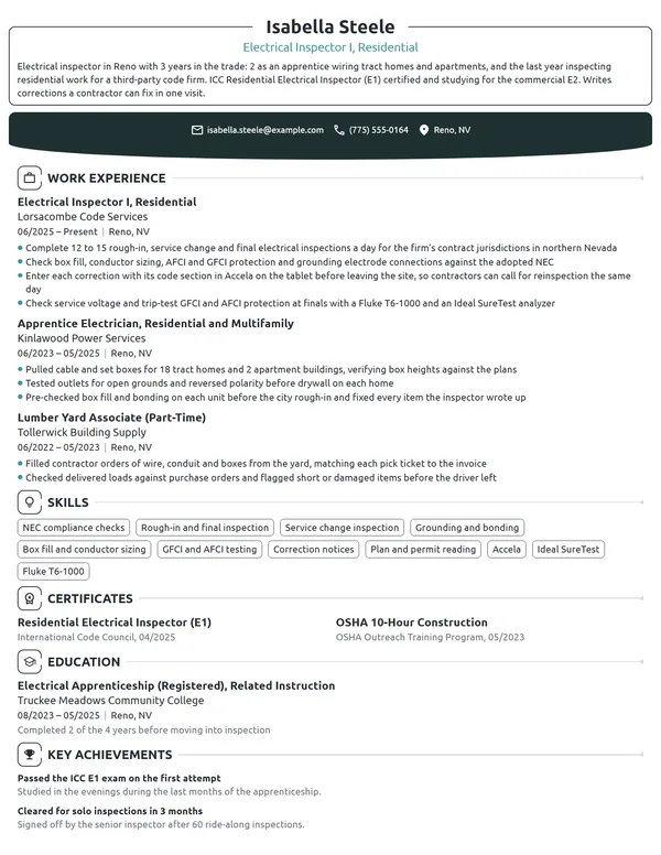 Electrical Inspector resume example