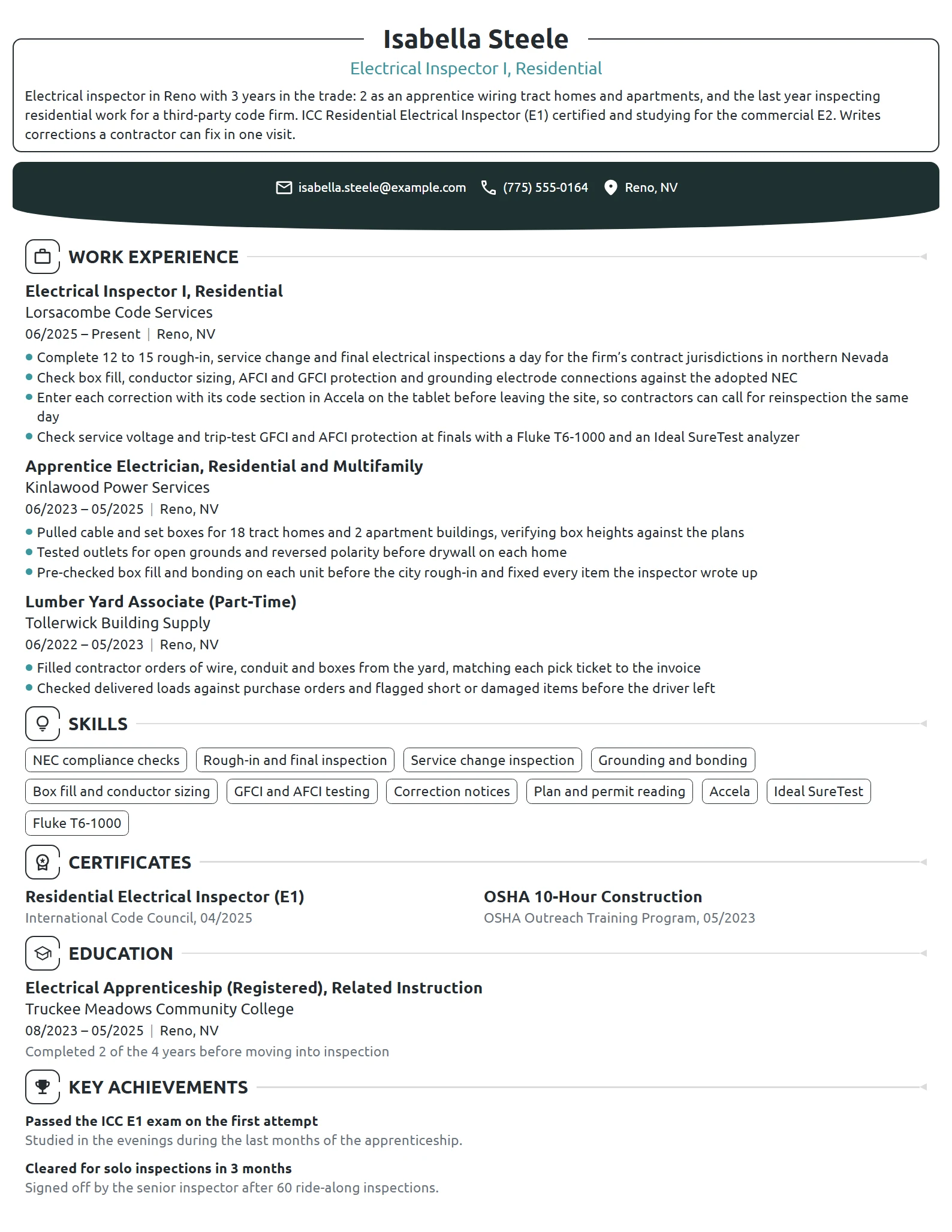 Electrical Inspector resume example