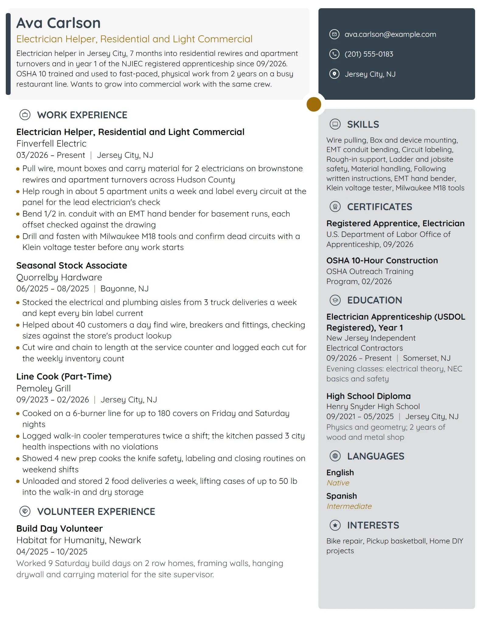 Electrician Helper resume example
