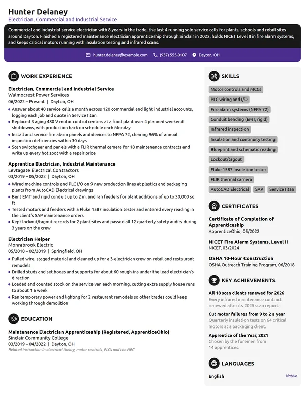 Electrician resume example