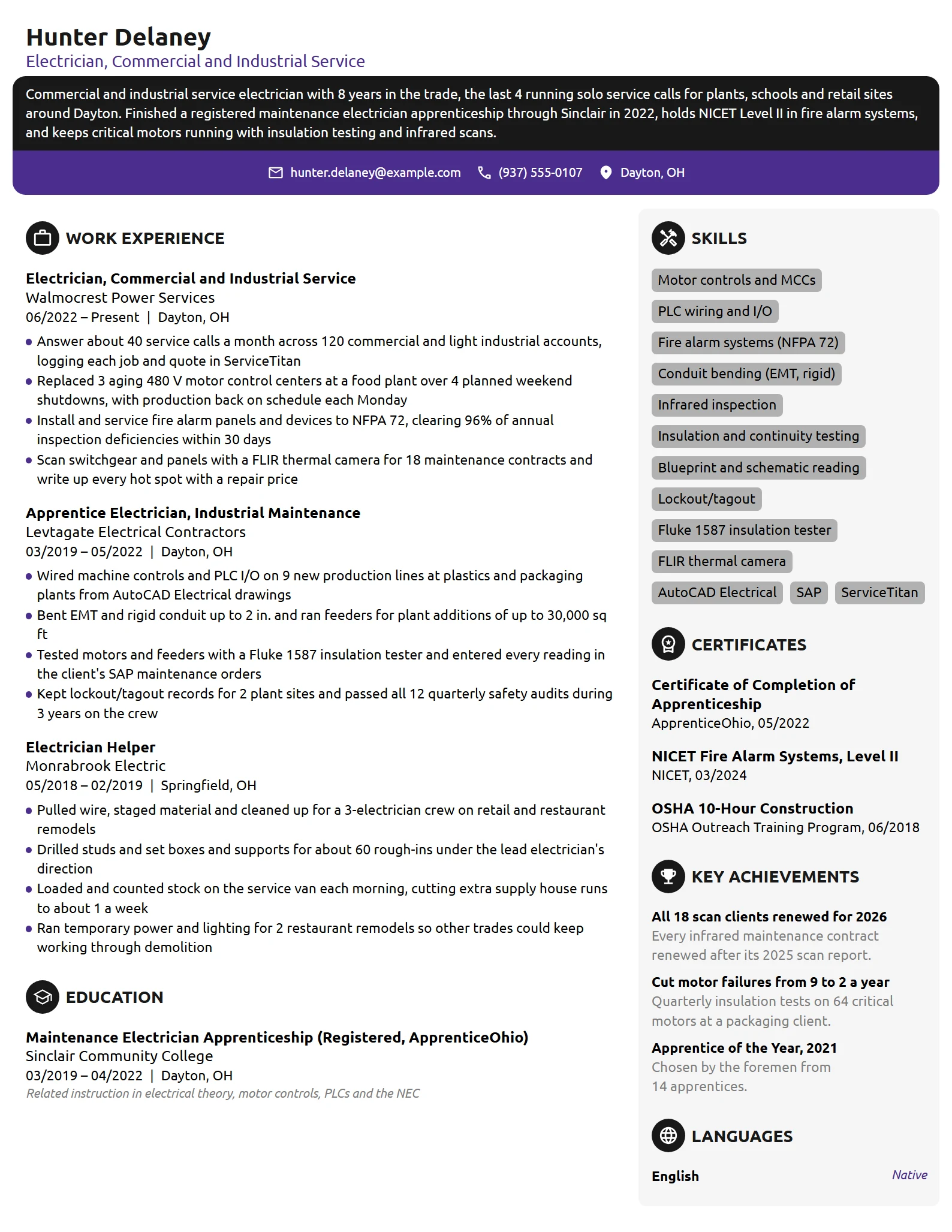 Electrician resume example