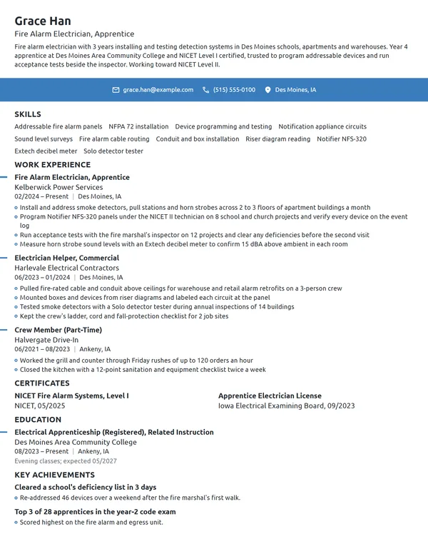Fire Alarm Electrician resume example