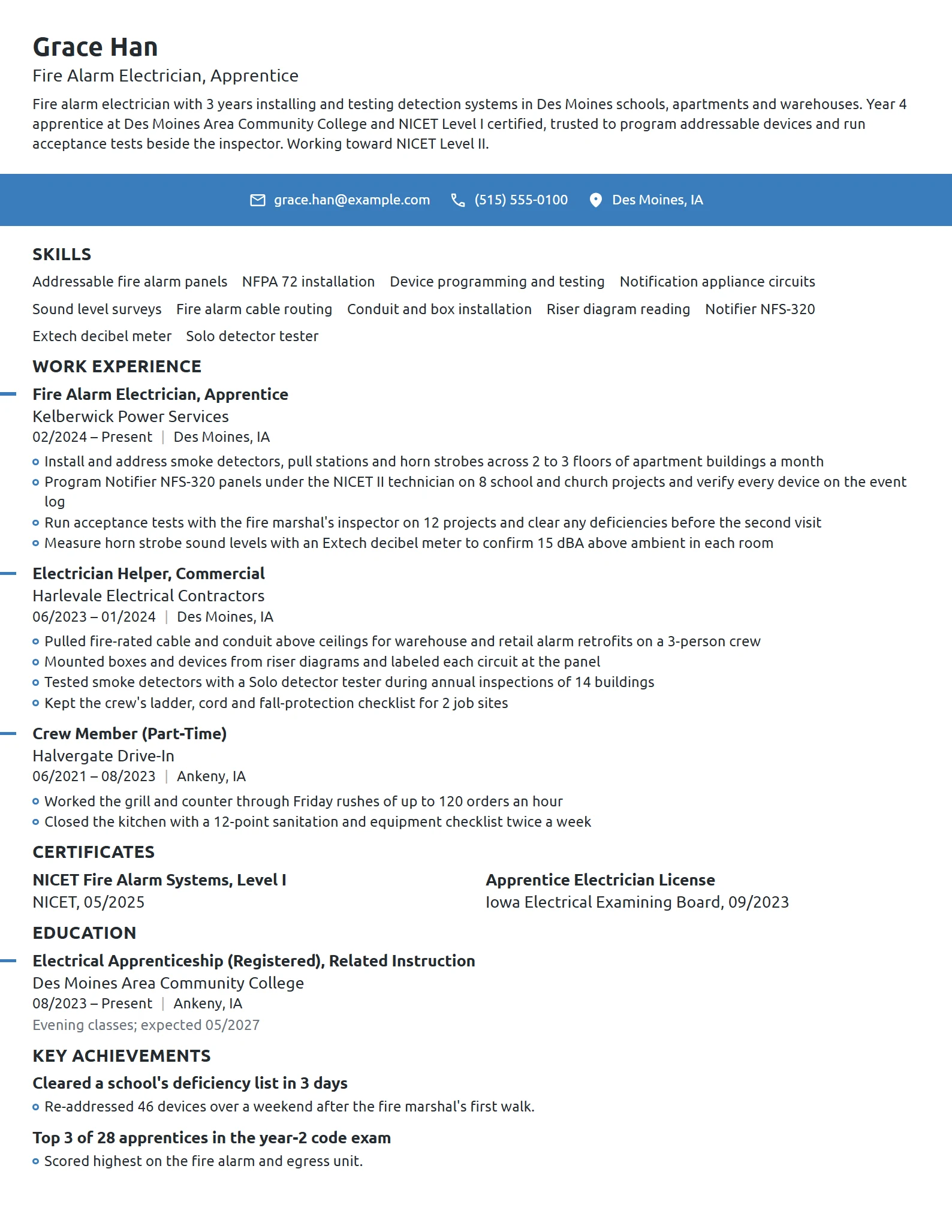Fire Alarm Electrician resume example