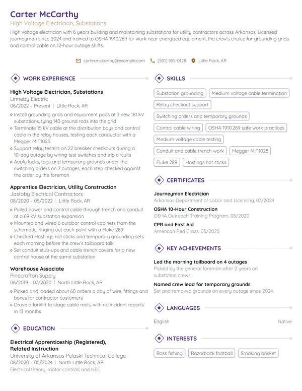 High Voltage Electrician resume example