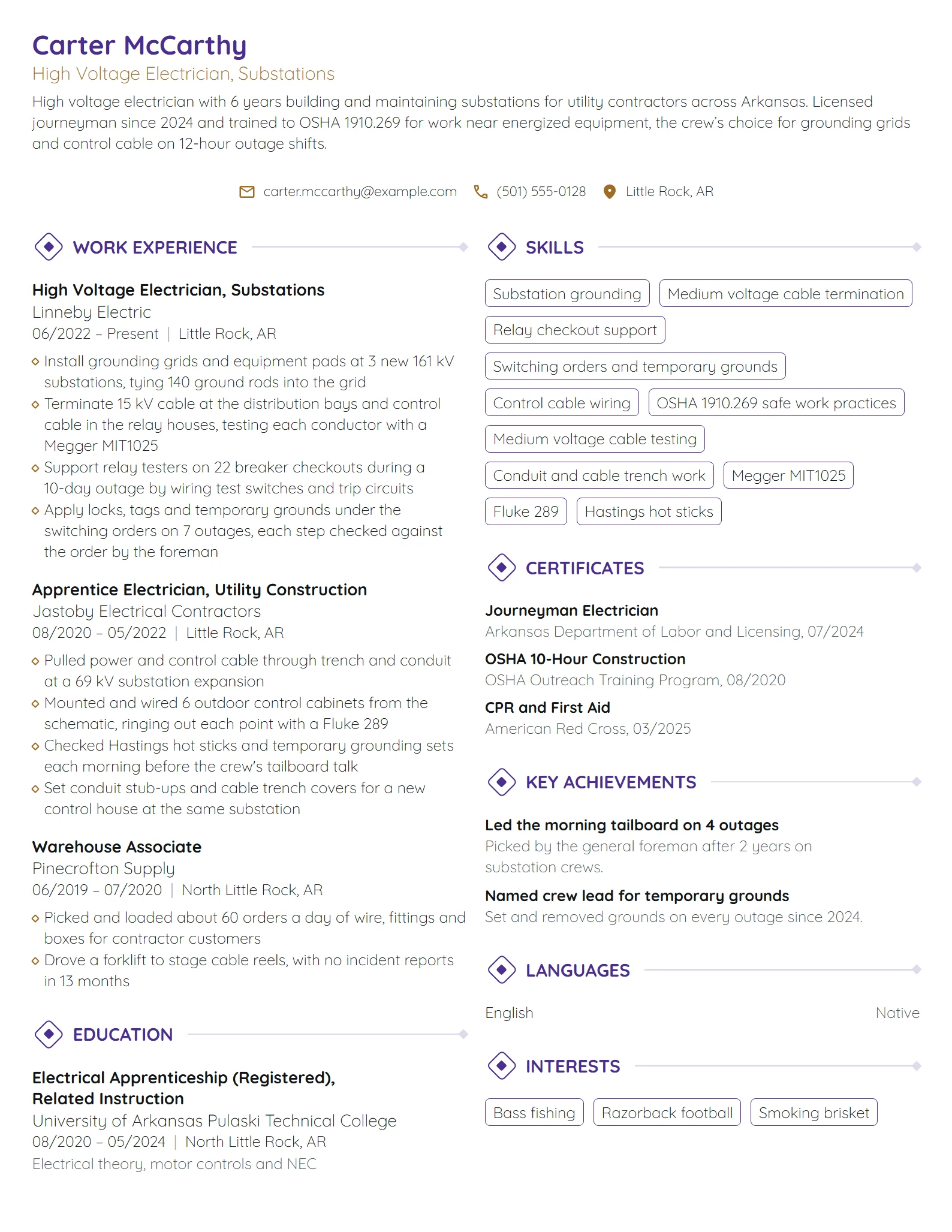 High Voltage Electrician resume example